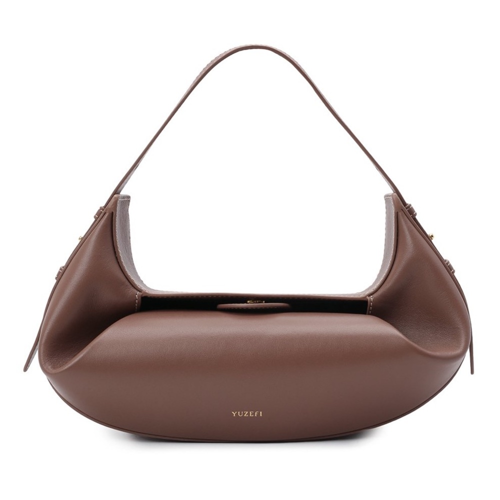 Yuzefi Taupe Brown Crescent Shoulder Bag with Gold Logo